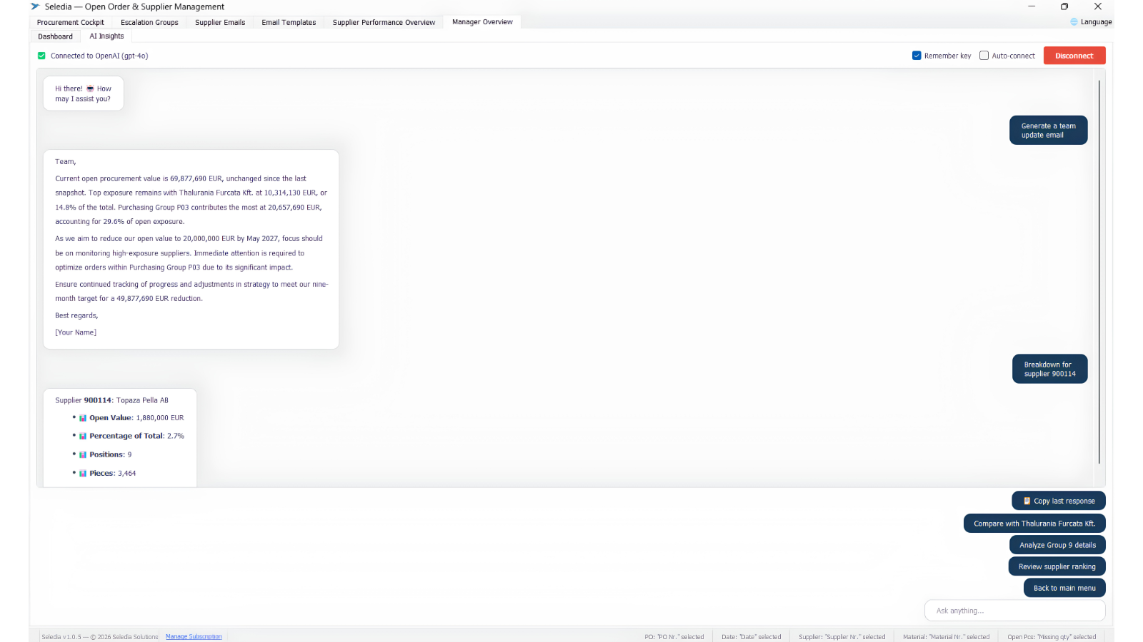 Seledia AI-powered procurement analysis answering questions about supplier risks and overdue positions